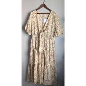 Showpo Alena Midi Dress Size 16 Short Puff Sleeve Tie Front Tiered Dress Floral